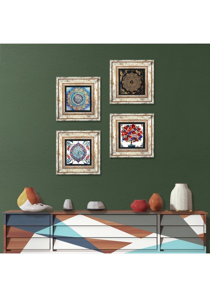 Mandala, Sri Yantra, Çini Sanatı, Nar Ağacı Taş Duvar Tablosu Çerçeveli Duvar Dekoru 4 Parça Tablo Seti Wall Art T4-289