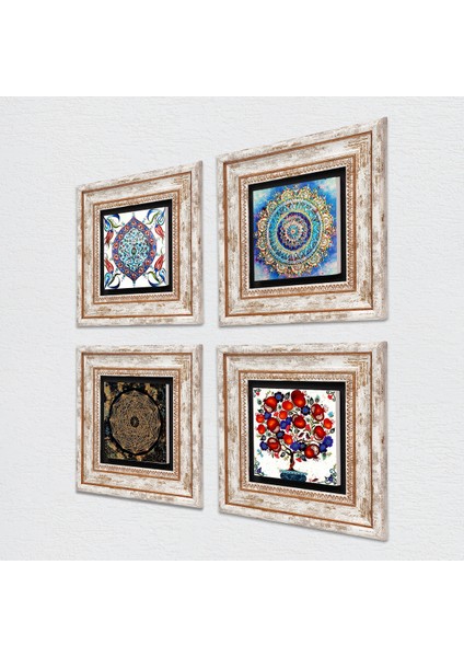 Mandala, Sri Yantra, Çini Sanatı, Nar Ağacı Taş Duvar Tablosu Çerçeveli Duvar Dekoru 4 Parça Tablo Seti Wall Art T4-289 fiyatları