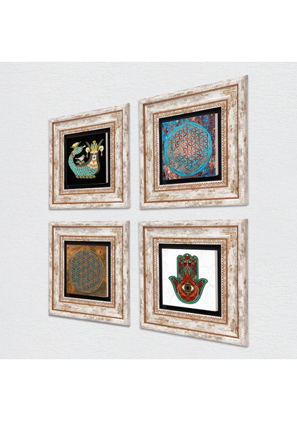 Stone Yaşam Çiçeği, Fatma Ana Eli (Hamsa), Şahmeran Çerçeveli Taş Duvar Tablosu 4’lü Set - Dekoratif Modern Sanat, Ev ve Ofis Dekoru |TK4-460| fiyatları