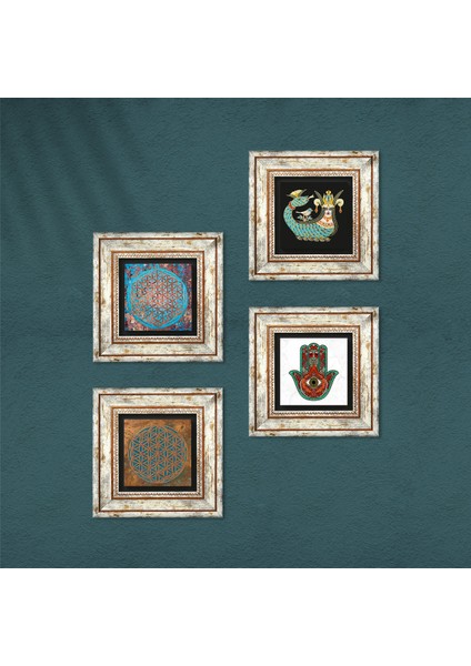 Stone Yaşam Çiçeği, Fatma Ana Eli (Hamsa), Şahmeran Çerçeveli Taş Duvar Tablosu 4’lü Set - Dekoratif Modern Sanat, Ev ve Ofis Dekoru |TK4-460| fırsatları