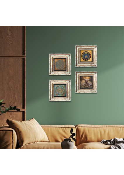 Semazen, Yaşam Çiçeği, Nazar Taş Duvar Tablosu Çerçeveli Duvar Dekoru 4 Parça Tablo Seti Wall Art T4-639