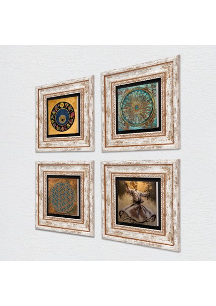 Semazen, Yaşam Çiçeği, Nazar Taş Duvar Tablosu Çerçeveli Duvar Dekoru 4 Parça Tablo Seti Wall Art T4-639
