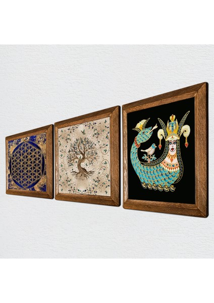 Yaşam Çiçeği, Şahmeran, Hayat Ağacı Taş Duvar Tablosu Ahşap Çerçeveli Duvar Dekoru 3 Parça Tablo Seti Wall Art W3-167 fiyatları