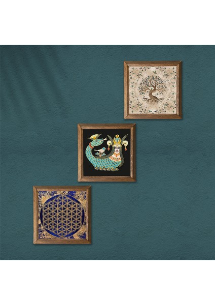 Yaşam Çiçeği, Şahmeran, Hayat Ağacı Taş Duvar Tablosu Ahşap Çerçeveli Duvar Dekoru 3 Parça Tablo Seti Wall Art W3-167 modelleri