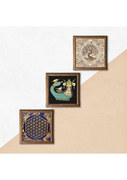 Yaşam Çiçeği, Şahmeran, Hayat Ağacı Taş Duvar Tablosu Ahşap Çerçeveli Duvar Dekoru 3 Parça Tablo Seti Wall Art W3-167 indirimleri
