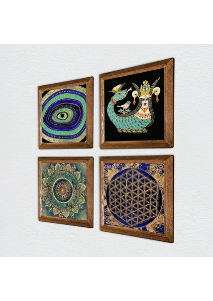 Mandala, Nazar, Yaşam Çiçeği, Şahmeran Taş Duvar Tablosu Ahşap Çerçeveli Duvar Dekoru 4 Parça Tablo Seti Wall Art W4-780 fiyatları