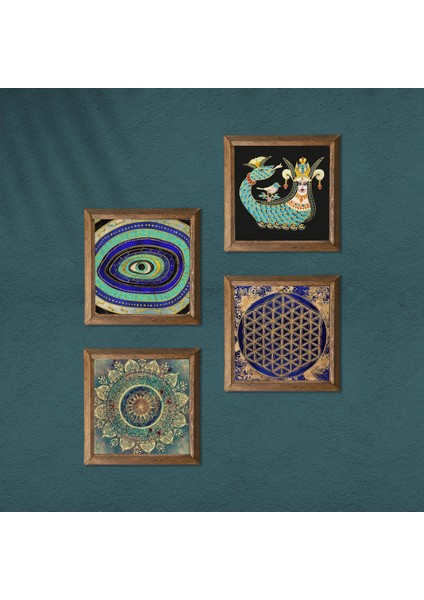 Mandala, Nazar, Yaşam Çiçeği, Şahmeran Taş Duvar Tablosu Ahşap Çerçeveli Duvar Dekoru 4 Parça Tablo Seti Wall Art W4-780 modelleri
