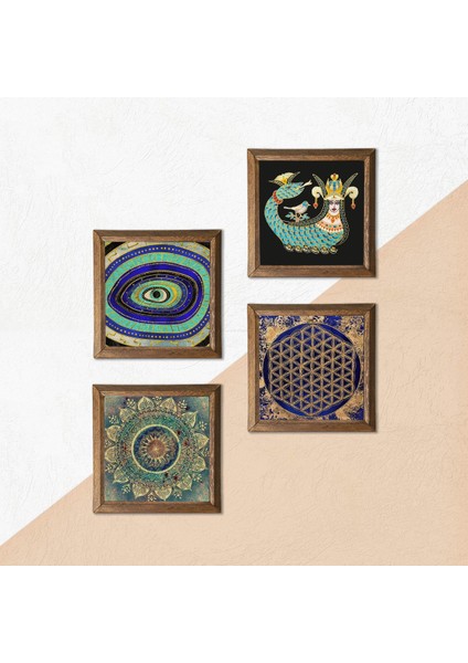 Mandala, Nazar, Yaşam Çiçeği, Şahmeran Taş Duvar Tablosu Ahşap Çerçeveli Duvar Dekoru 4 Parça Tablo Seti Wall Art W4-780 indirimleri