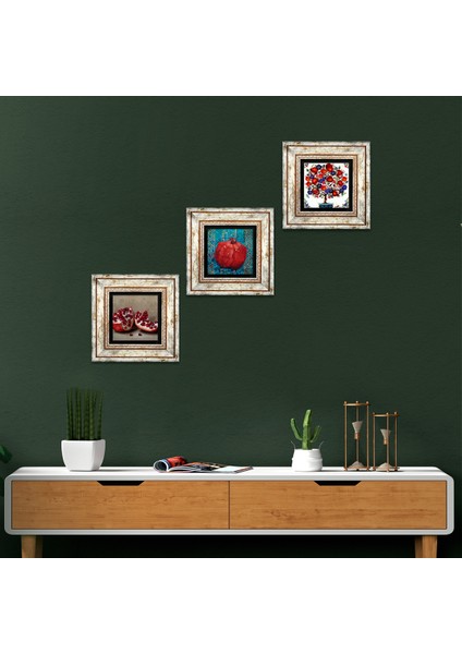Nar Ağacı, Nar Taş Duvar Tablosu Çerçeveli Duvar Dekoru 3 Parça Tablo Seti Wall Art T3-10