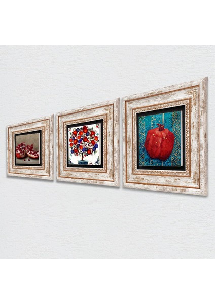 Nar Ağacı, Nar Taş Duvar Tablosu Çerçeveli Duvar Dekoru 3 Parça Tablo Seti Wall Art T3-10