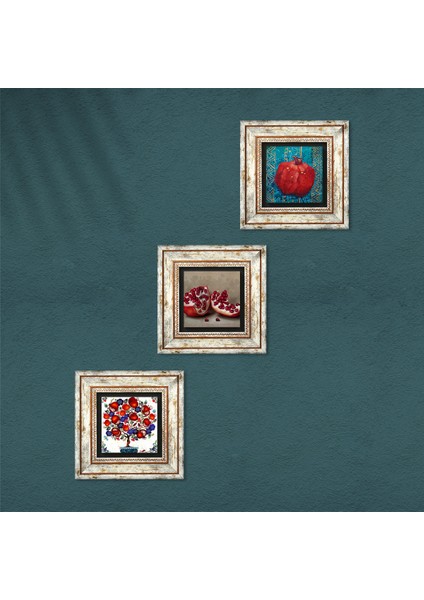 Nar Ağacı, Nar Taş Duvar Tablosu Çerçeveli Duvar Dekoru 3 Parça Tablo Seti Wall Art T3-10