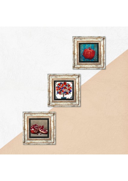 Nar Ağacı, Nar Taş Duvar Tablosu Çerçeveli Duvar Dekoru 3 Parça Tablo Seti Wall Art T3-10