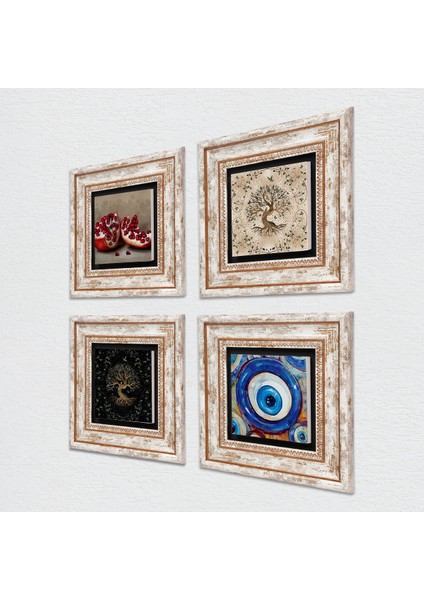 Nazar, Hayat Ağacı, Nar Taş Duvar Tablosu Çerçeveli Duvar Dekoru 4 Parça Tablo Seti Wall Art T4-1550 fiyatları