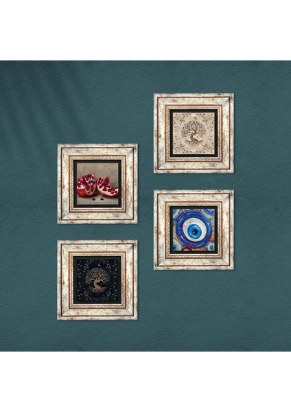 Nazar, Hayat Ağacı, Nar Taş Duvar Tablosu Çerçeveli Duvar Dekoru 4 Parça Tablo Seti Wall Art T4-1550 fırsatları