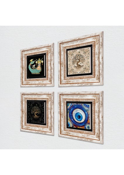 Nazar, Şahmeran, Hayat Ağacı Çerçeveli Taş Duvar Tablosu 4’lü Set - Dekoratif Modern Sanat, Ev ve Ofis Dekoru |TK4-1552| fiyatları