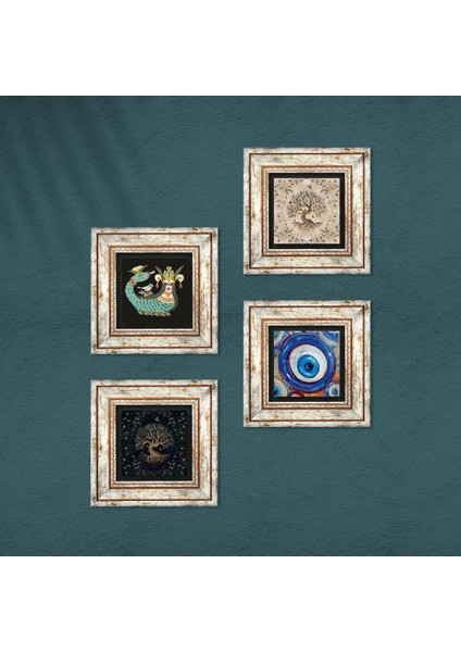 Nazar, Şahmeran, Hayat Ağacı Çerçeveli Taş Duvar Tablosu 4’lü Set - Dekoratif Modern Sanat, Ev ve Ofis Dekoru |TK4-1552| fırsatları