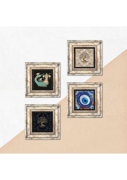 Nazar, Şahmeran, Hayat Ağacı Çerçeveli Taş Duvar Tablosu 4’lü Set - Dekoratif Modern Sanat, Ev ve Ofis Dekoru |TK4-1552| indirimleri