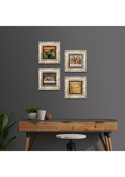 Da Vinci Son Akşam Yemeği, Çığlık, Yerli Kadınlar, Mozaik Çerçeveli Taş Duvar Tablosu 4’lü Set - Dekoratif Modern Sanat, Ev ve Ofis Dekoru |TK4-1732|