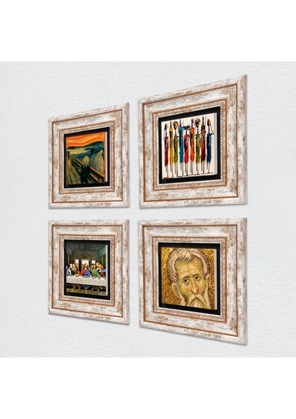 Da Vinci Son Akşam Yemeği, Çığlık, Yerli Kadınlar, Mozaik Çerçeveli Taş Duvar Tablosu 4’lü Set - Dekoratif Modern Sanat, Ev ve Ofis Dekoru |TK4-1732| fiyatları