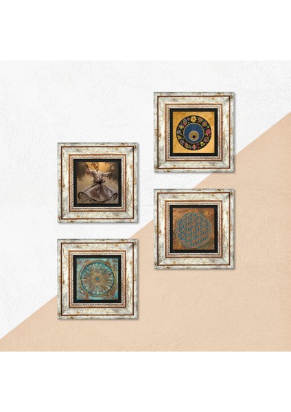 Semazen, Yaşam Çiçeği, Nazar Taş Duvar Tablosu Çerçeveli Duvar Dekoru 4 Parça Tablo Seti Wall Art T4-639