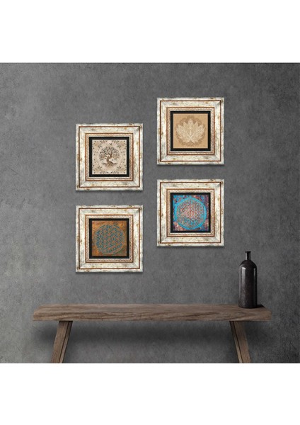 Yaşam Çiçeği, Lotus Çiçeği, Hayat Ağacı Taş Duvar Tablosu Çerçeveli Duvar Dekoru 4 Parça Tablo Seti Wall Art T4-821