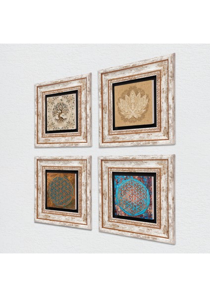 Yaşam Çiçeği, Lotus Çiçeği, Hayat Ağacı Taş Duvar Tablosu Çerçeveli Duvar Dekoru 4 Parça Tablo Seti Wall Art T4-821