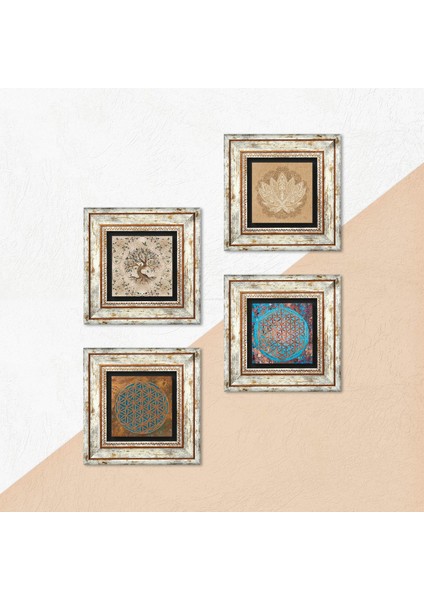 Yaşam Çiçeği, Lotus Çiçeği, Hayat Ağacı Taş Duvar Tablosu Çerçeveli Duvar Dekoru 4 Parça Tablo Seti Wall Art T4-821