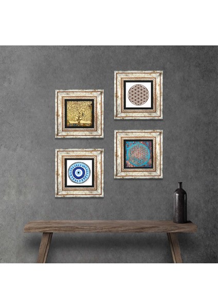 Nazar, Yaşam Çiçeği, Gustav Klimt Hayat Ağacı Taş Duvar Tablosu Çerçeveli Duvar Dekoru 4 Parça Tablo Seti Wall Art T4-833