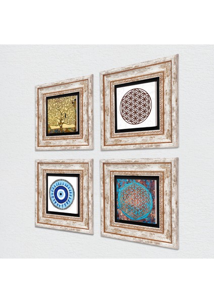 Nazar, Yaşam Çiçeği, Gustav Klimt Hayat Ağacı Taş Duvar Tablosu Çerçeveli Duvar Dekoru 4 Parça Tablo Seti Wall Art T4-833