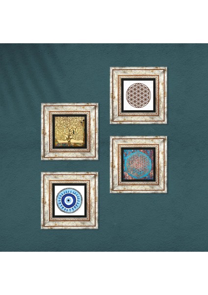 Nazar, Yaşam Çiçeği, Gustav Klimt Hayat Ağacı Taş Duvar Tablosu Çerçeveli Duvar Dekoru 4 Parça Tablo Seti Wall Art T4-833