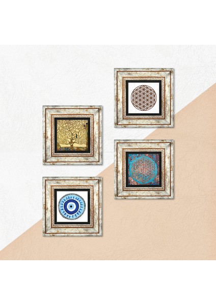 Nazar, Yaşam Çiçeği, Gustav Klimt Hayat Ağacı Taş Duvar Tablosu Çerçeveli Duvar Dekoru 4 Parça Tablo Seti Wall Art T4-833
