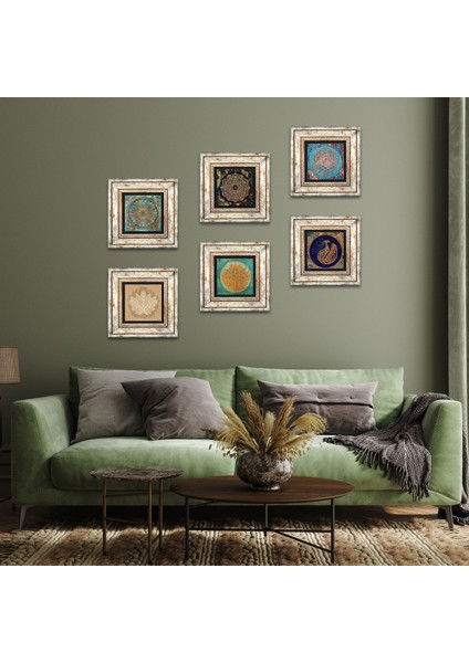 Sri Yantra, Tavus Kuşu, Yaşam Çiçeği, Lotus Çiçeği Taş Duvar Tablosu Çerçeveli Duvar Dekoru 6 Parça Tablo Seti Wall Art T6-05