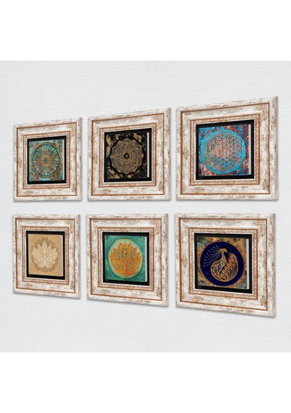 Sri Yantra, Tavus Kuşu, Yaşam Çiçeği, Lotus Çiçeği Taş Duvar Tablosu Çerçeveli Duvar Dekoru 6 Parça Tablo Seti Wall Art T6-05