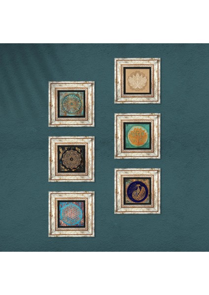 Sri Yantra, Tavus Kuşu, Yaşam Çiçeği, Lotus Çiçeği Taş Duvar Tablosu Çerçeveli Duvar Dekoru 6 Parça Tablo Seti Wall Art T6-05