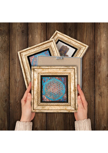 Sri Yantra, Tavus Kuşu, Yaşam Çiçeği, Lotus Çiçeği Taş Duvar Tablosu Çerçeveli Duvar Dekoru 6 Parça Tablo Seti Wall Art T6-05