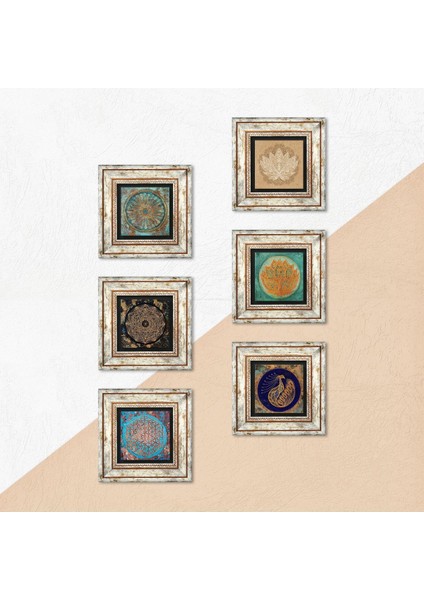 Sri Yantra, Tavus Kuşu, Yaşam Çiçeği, Lotus Çiçeği Taş Duvar Tablosu Çerçeveli Duvar Dekoru 6 Parça Tablo Seti Wall Art T6-05