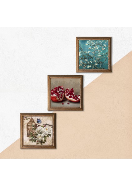 Stone Van Gogh Badem Ağacı, Kelebekli Çiçek, Nar Ahşap Çerçeveli Taş Duvar Tablosu 3’lü Set – 25x25 cm Dekoratif Modern Sanat – Ev ve Ofis Dekoru |W3-1083| indirimleri