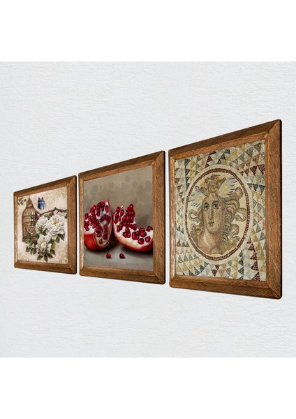 Mozaik Serisi, Kelebekli Çiçek, Nar Ahşap Çerçeveli Taş Duvar Tablosu 3’lü Set – 25x25 cm Dekoratif Modern Sanat – Ev ve Ofis Dekoru |W3-1086| fiyatları