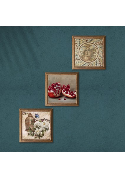 Mozaik Serisi, Kelebekli Çiçek, Nar Ahşap Çerçeveli Taş Duvar Tablosu 3’lü Set – 25x25 cm Dekoratif Modern Sanat – Ev ve Ofis Dekoru |W3-1086| modelleri