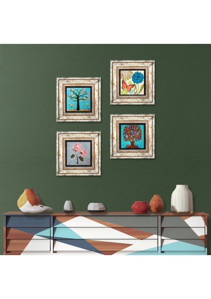 Kelebek, Pembe Ortanca Çiçeği, Hayat Ağacı Çerçeveli Taş Duvar Tablosu 4’lü Set - Dekoratif Modern Sanat, Ev ve Ofis Dekoru |TK4-1893|