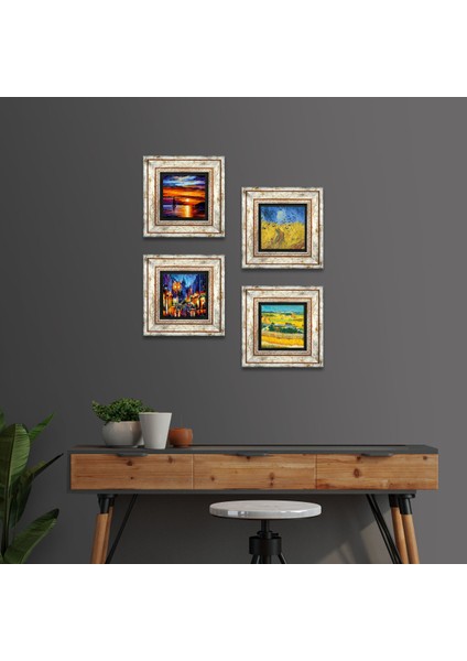 Stone Van Gogh, Deniz Manzarası, Sokak Manzarası Çerçeveli Taş Duvar Tablosu 4’lü Set - Dekoratif Modern Sanat, Ev ve Ofis Dekoru |TK4-1895|