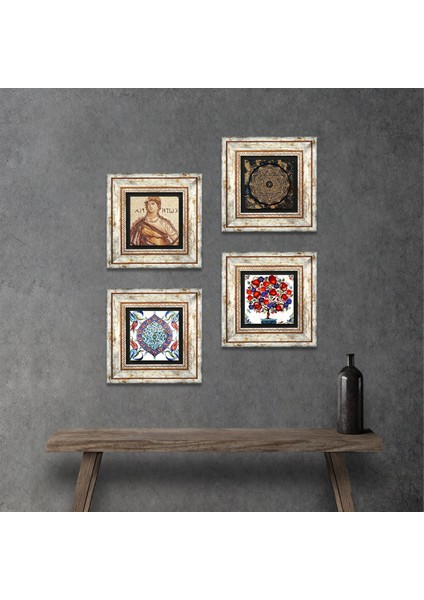 Sri Yantra, Soteria Mozaiği, Çini Sanatı, Nar Ağacı Taş Duvar Tablosu Çerçeveli Duvar Dekoru 4 Parça Tablo Seti Wall Art T4-279