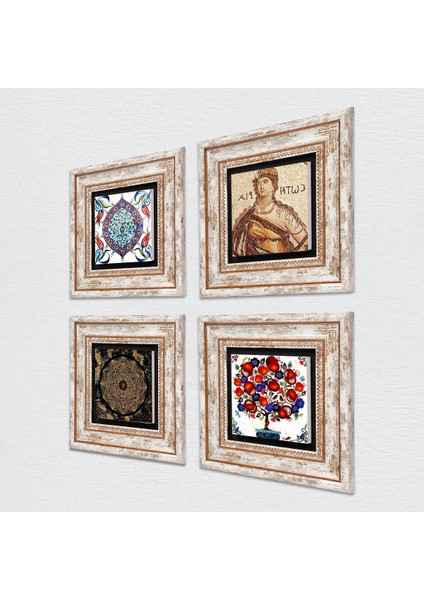 Sri Yantra, Soteria Mozaiği, Çini Sanatı, Nar Ağacı Taş Duvar Tablosu Çerçeveli Duvar Dekoru 4 Parça Tablo Seti Wall Art T4-279
