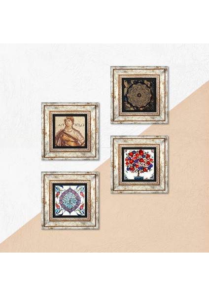 Sri Yantra, Soteria Mozaiği, Çini Sanatı, Nar Ağacı Taş Duvar Tablosu Çerçeveli Duvar Dekoru 4 Parça Tablo Seti Wall Art T4-279