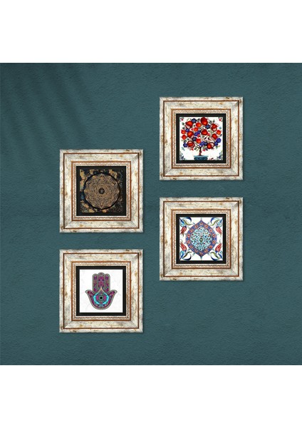 Sri Yantra, Fatma Ana Eli (Hamsa), Çini Sanatı, Nar Ağacı Taş Duvar Tablosu Çerçeveli Duvar Dekoru 4 Parça Tablo Seti Wall Art T4-283