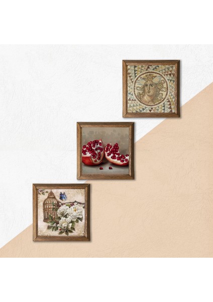 Mozaik Serisi, Kelebekli Çiçek, Nar Ahşap Çerçeveli Taş Duvar Tablosu 3’lü Set – 25x25 cm Dekoratif Modern Sanat – Ev ve Ofis Dekoru |W3-1086| indirimleri