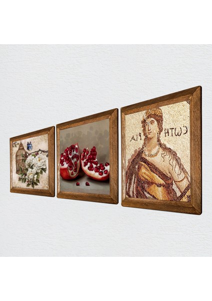 Stone Soteria Mozaiği, Kelebekli Çiçek, Nar Ahşap Çerçeveli Taş Duvar Tablosu 3’lü Set – 25x25 cm Dekoratif Modern Sanat – Ev ve Ofis Dekoru |W3-1087| fiyatları