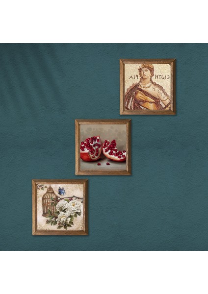 Stone Soteria Mozaiği, Kelebekli Çiçek, Nar Ahşap Çerçeveli Taş Duvar Tablosu 3’lü Set – 25x25 cm Dekoratif Modern Sanat – Ev ve Ofis Dekoru |W3-1087| modelleri