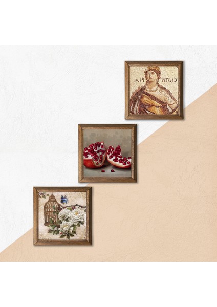 Stone Soteria Mozaiği, Kelebekli Çiçek, Nar Ahşap Çerçeveli Taş Duvar Tablosu 3’lü Set – 25x25 cm Dekoratif Modern Sanat – Ev ve Ofis Dekoru |W3-1087| indirimleri