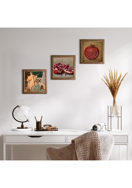 Bereket Duası, İki Müzisyen Kız Tablosu, Nar Taş Duvar Tablosu Ahşap Çerçeveli Duvar Dekoru 3 Parça Tablo Seti Wall Art W3-1467